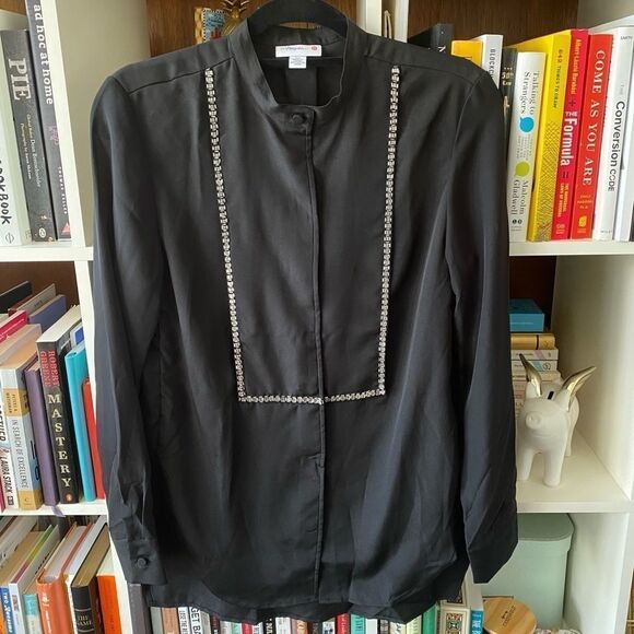 3.1 Phillip Lim Black Sheer Button-Up Crystal Tuxedo Blouse Women Size S - Picture 4 of 9